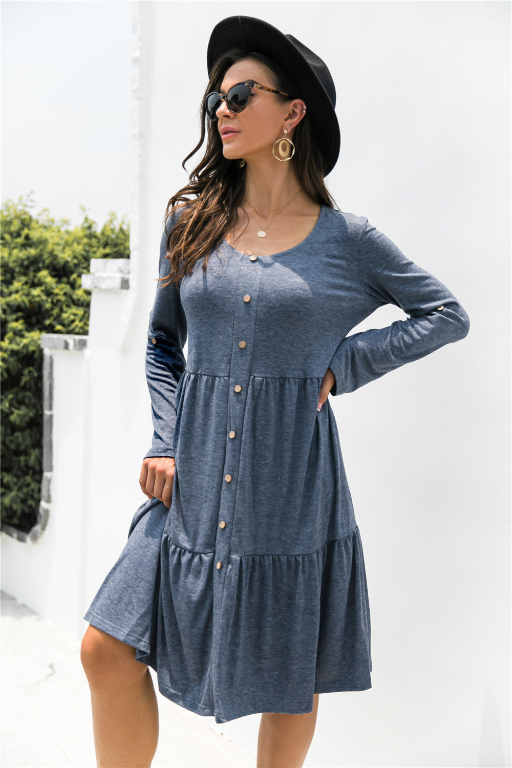 Button Down Rolled Sleeve Ruffle Dress