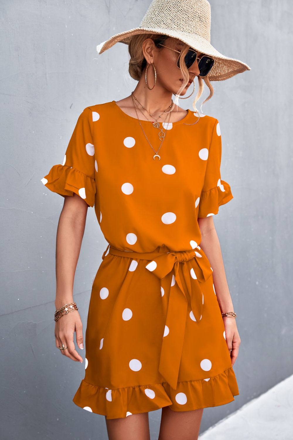 Large Scale Polka Dot Tie-Waist Ruffle Hem Dress