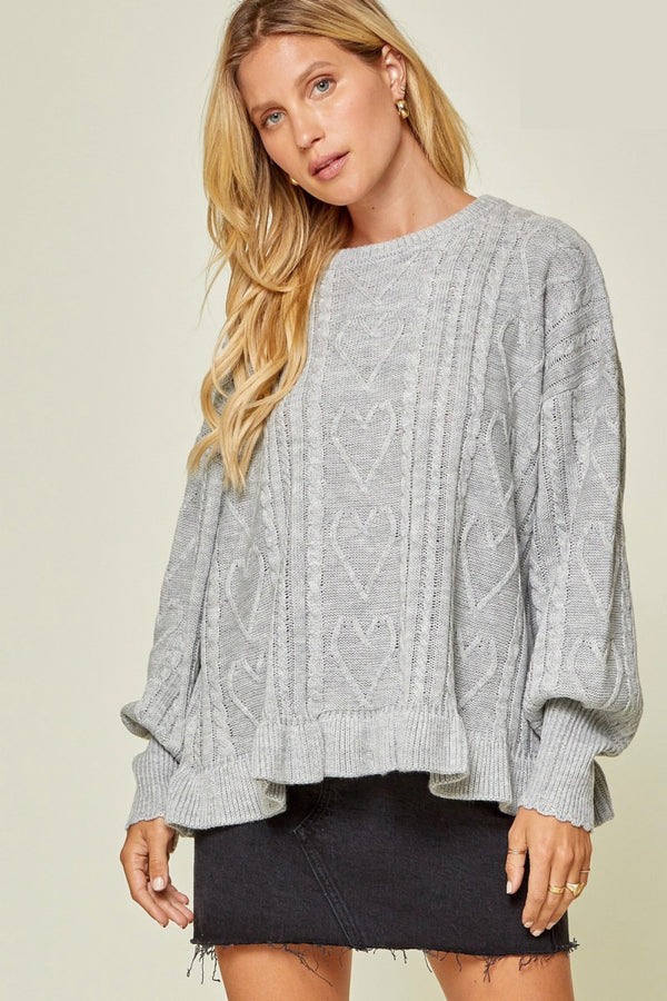 Andree by Unit Full Size Run Heart Cable-Knit Ruffle Hem Sweater