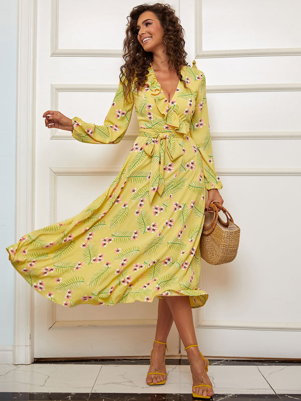 Floral Tie Waist Ruffled V-Neck Dress