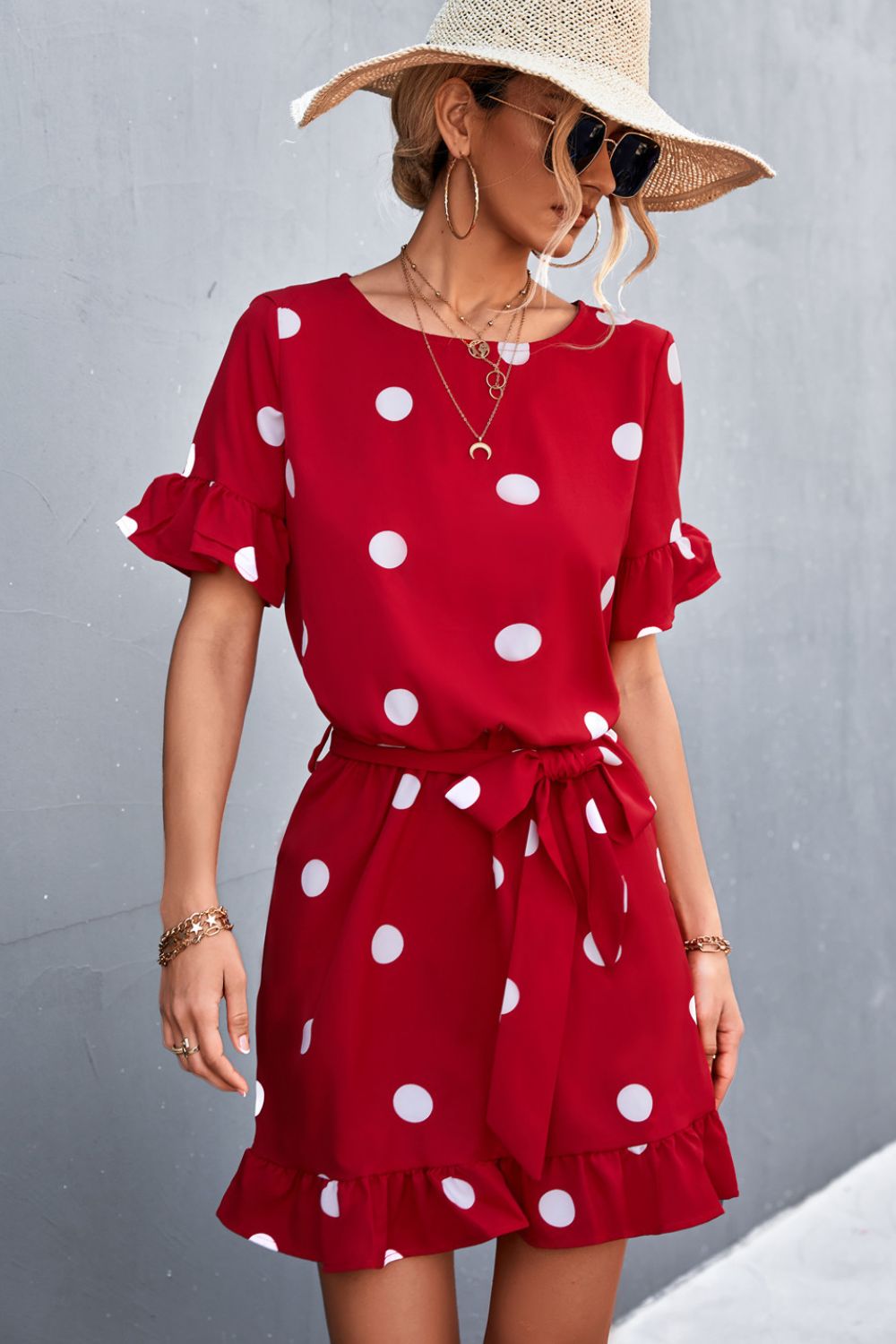 Large Scale Polka Dot Tie-Waist Ruffle Hem Dress