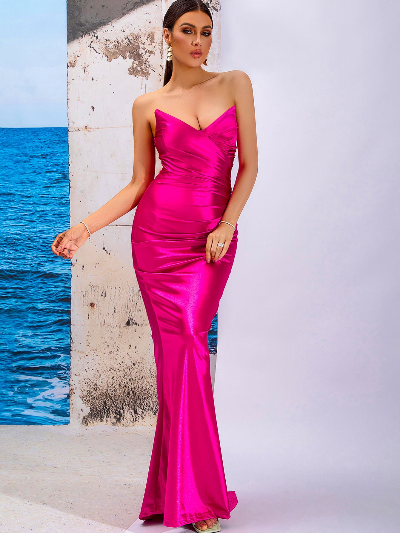 Satin Strapless Zip-Back Ruched Dress