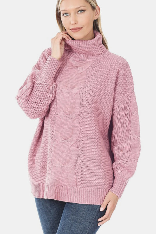 Zenana Turtleneck Cable Knit Balloon Sleeve Sweater