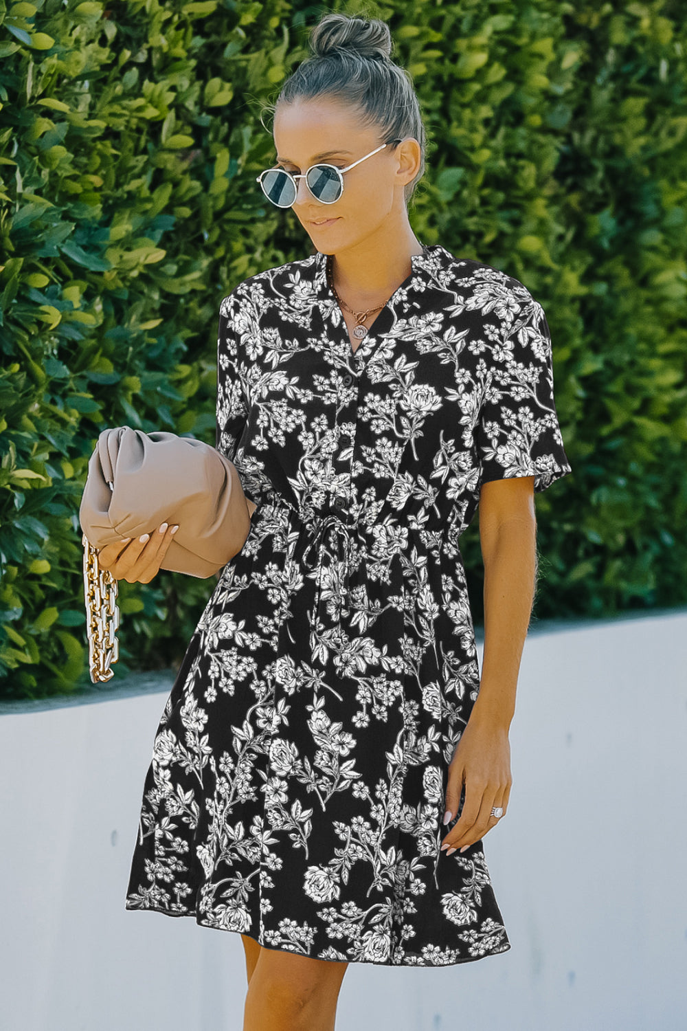 Floral V-Neck Short Sleeve Mini Dress