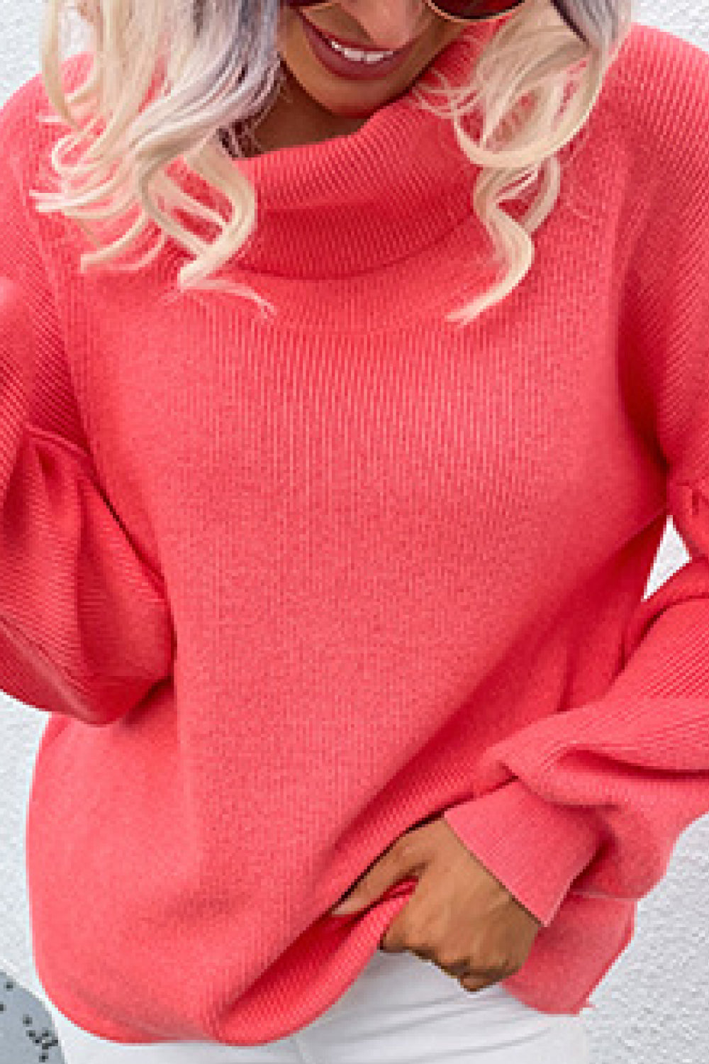 Rib-Knit Lantern Sleeve Turtleneck Sweater
