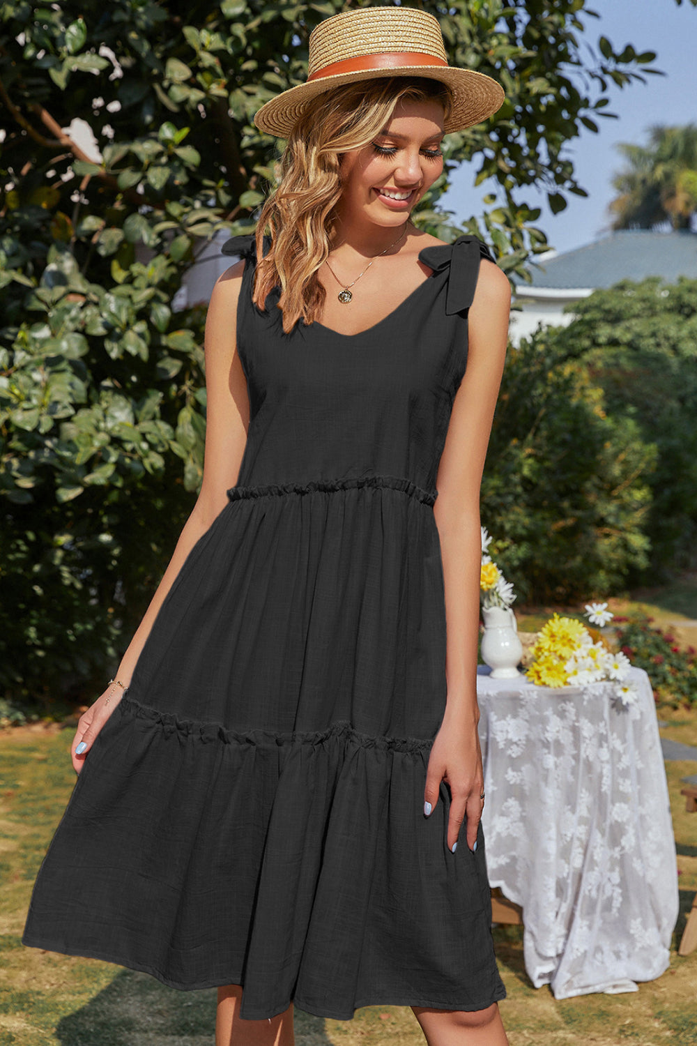 Knot Shoulder Ruffle Hem Dress