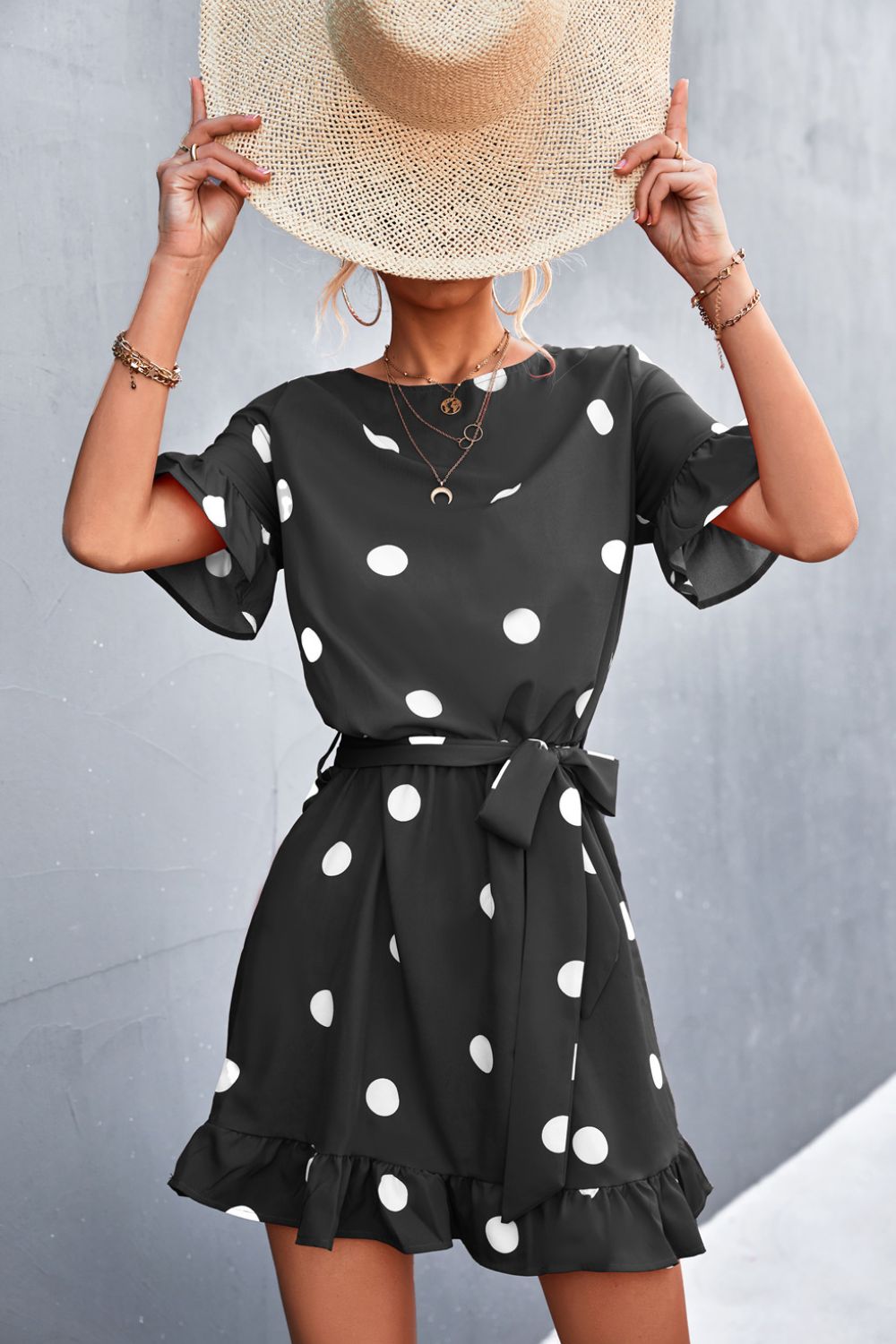 Large Scale Polka Dot Tie-Waist Ruffle Hem Dress