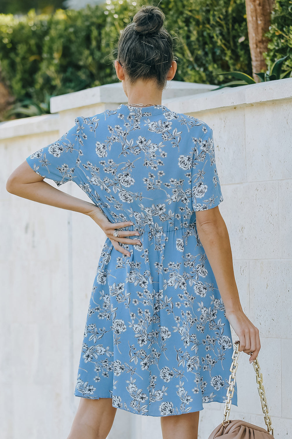 Floral V-Neck Short Sleeve Mini Dress