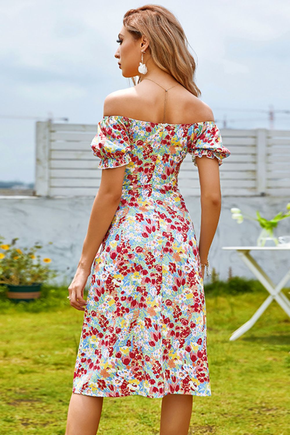 Floral Off-Shoulder Puff Sleeve Split Dress