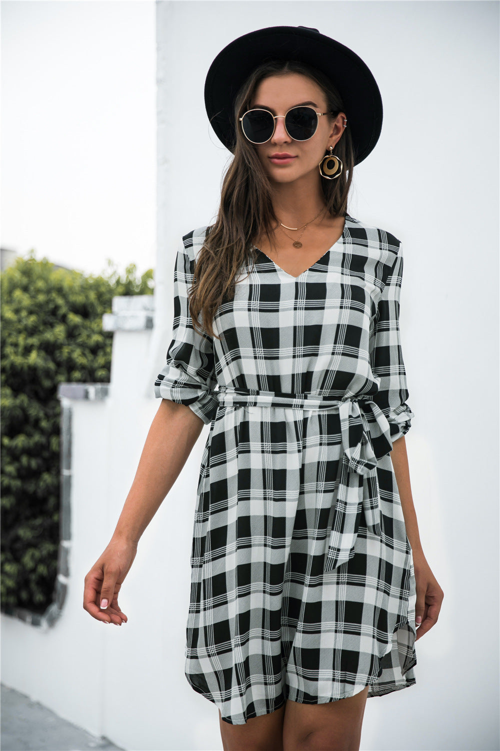 Gingham Tie Waist V Neck Dress