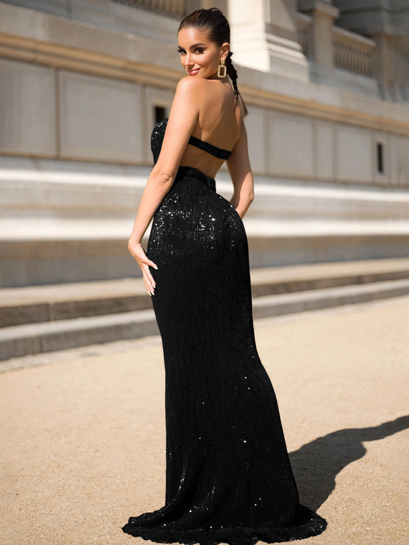 Contrast Sequin Strapless Backless Dress