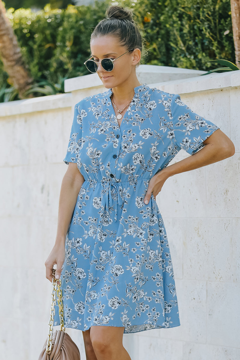 Floral V-Neck Short Sleeve Mini Dress