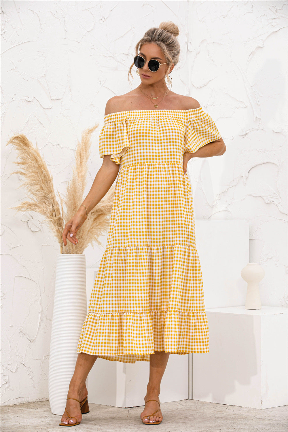 Plaid Off Shoulder Tiered Dress