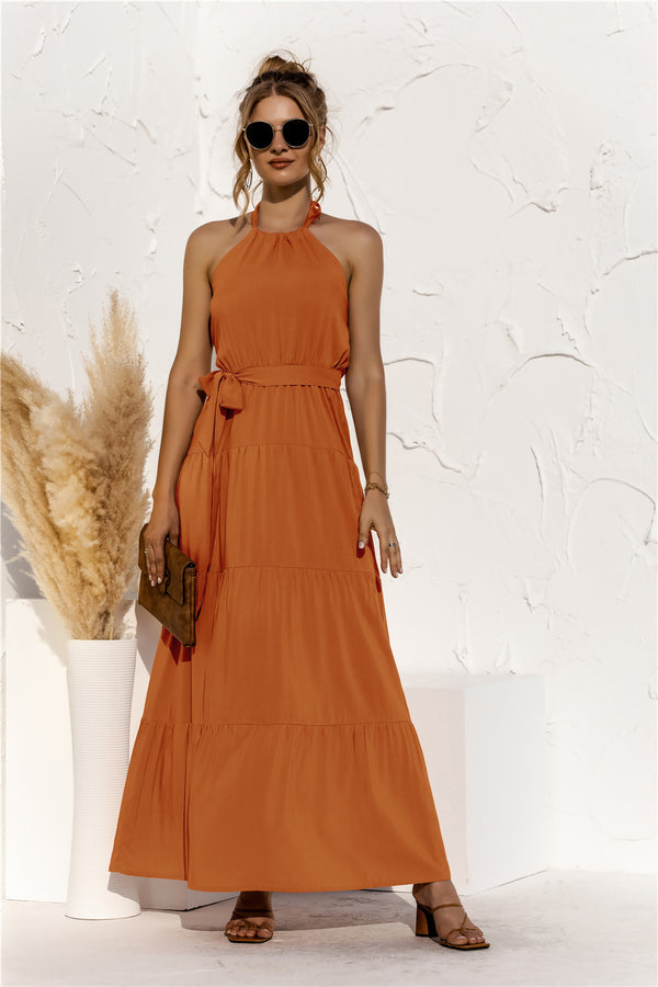 Halter Belted Tiered Maxi Dress