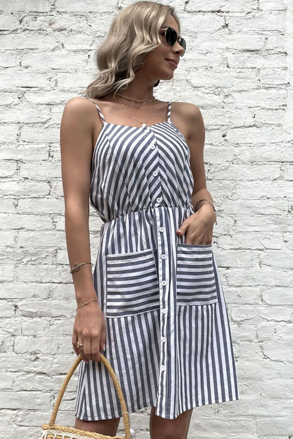 Striped Buttoned Spaghetti Strap Dress with Pockets