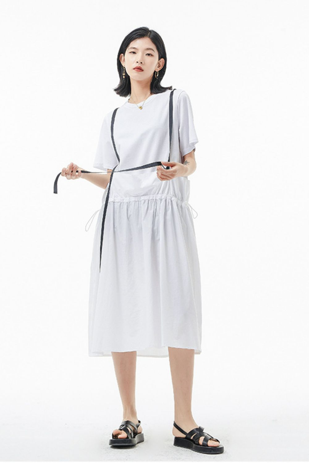 Two-Tone Drawstring Detail Faux Layer Overall Dress
