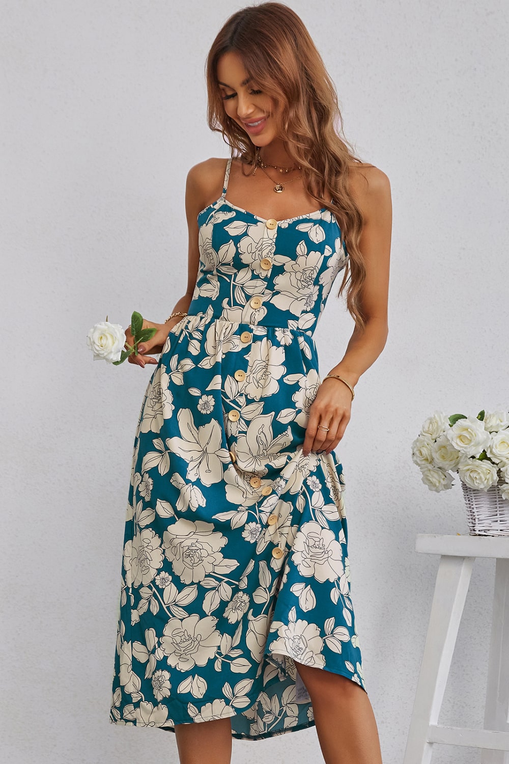 Floral Cutout Bow Detail V-Neck Dress