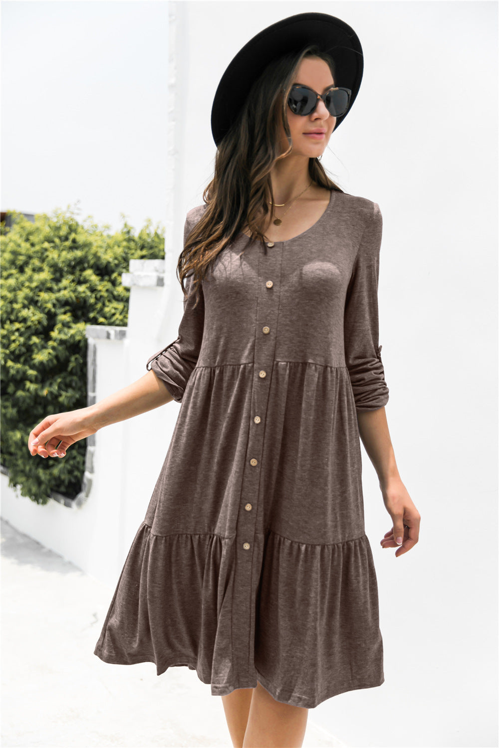 Button Down Rolled Sleeve Ruffle Dress