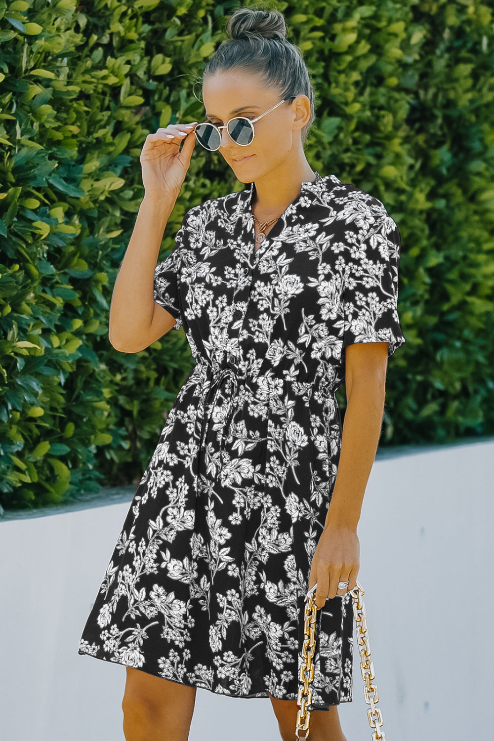 Floral V-Neck Short Sleeve Mini Dress