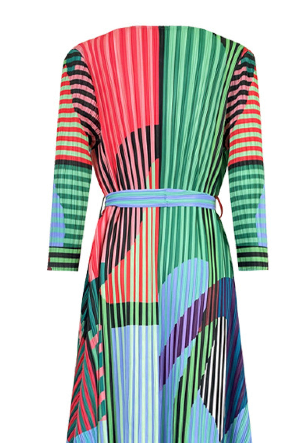 Mixed Print Accordion Pleated Belted Side Slit Dress