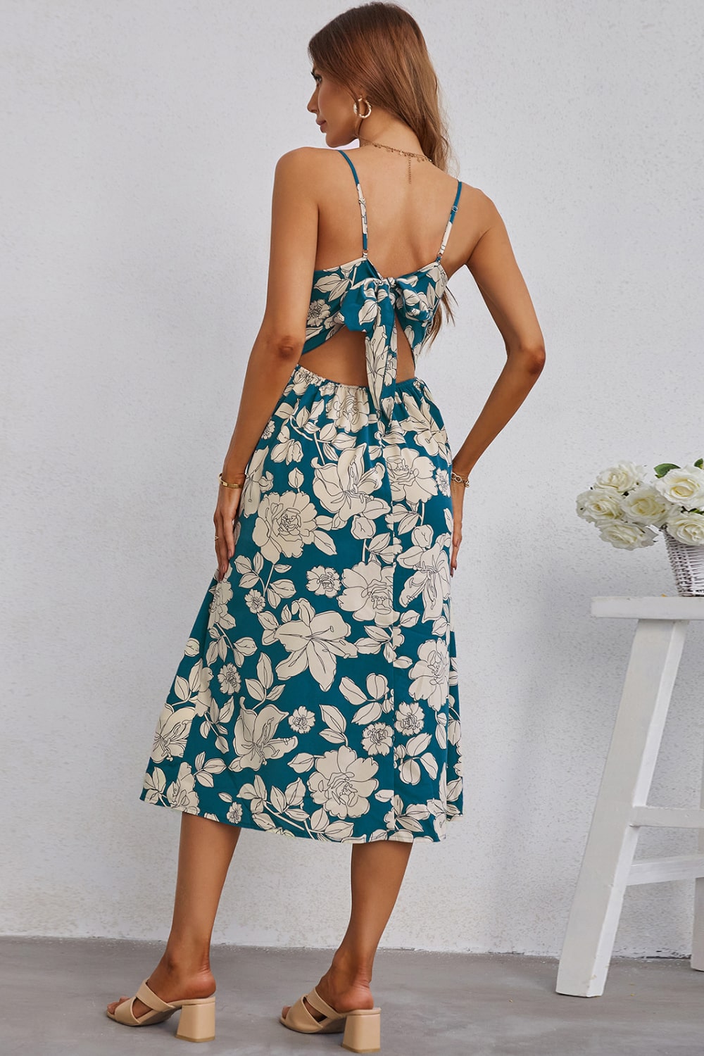 Floral Cutout Bow Detail V-Neck Dress