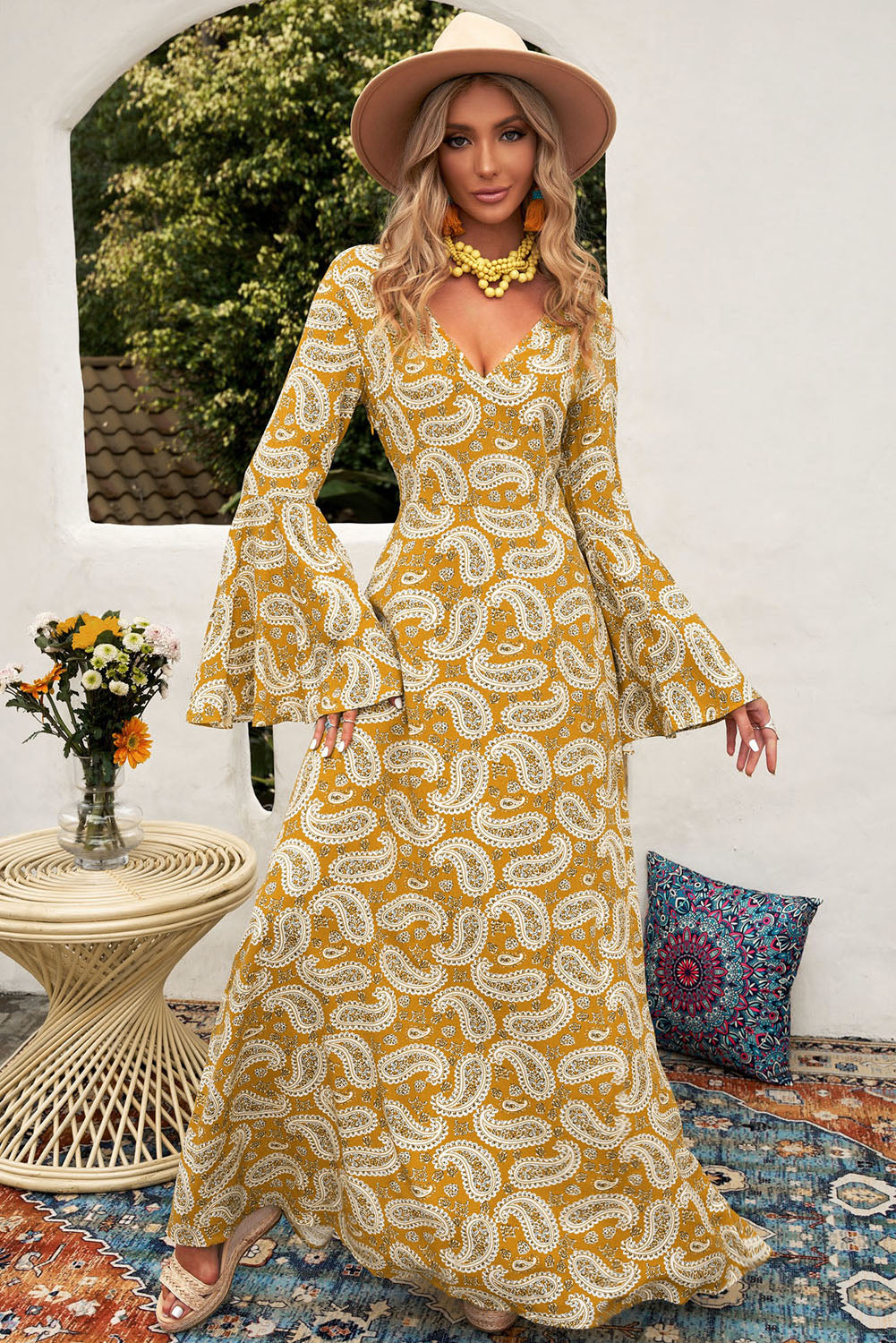 Paisley Print Bell Sleeve V-Neck Maxi Dress