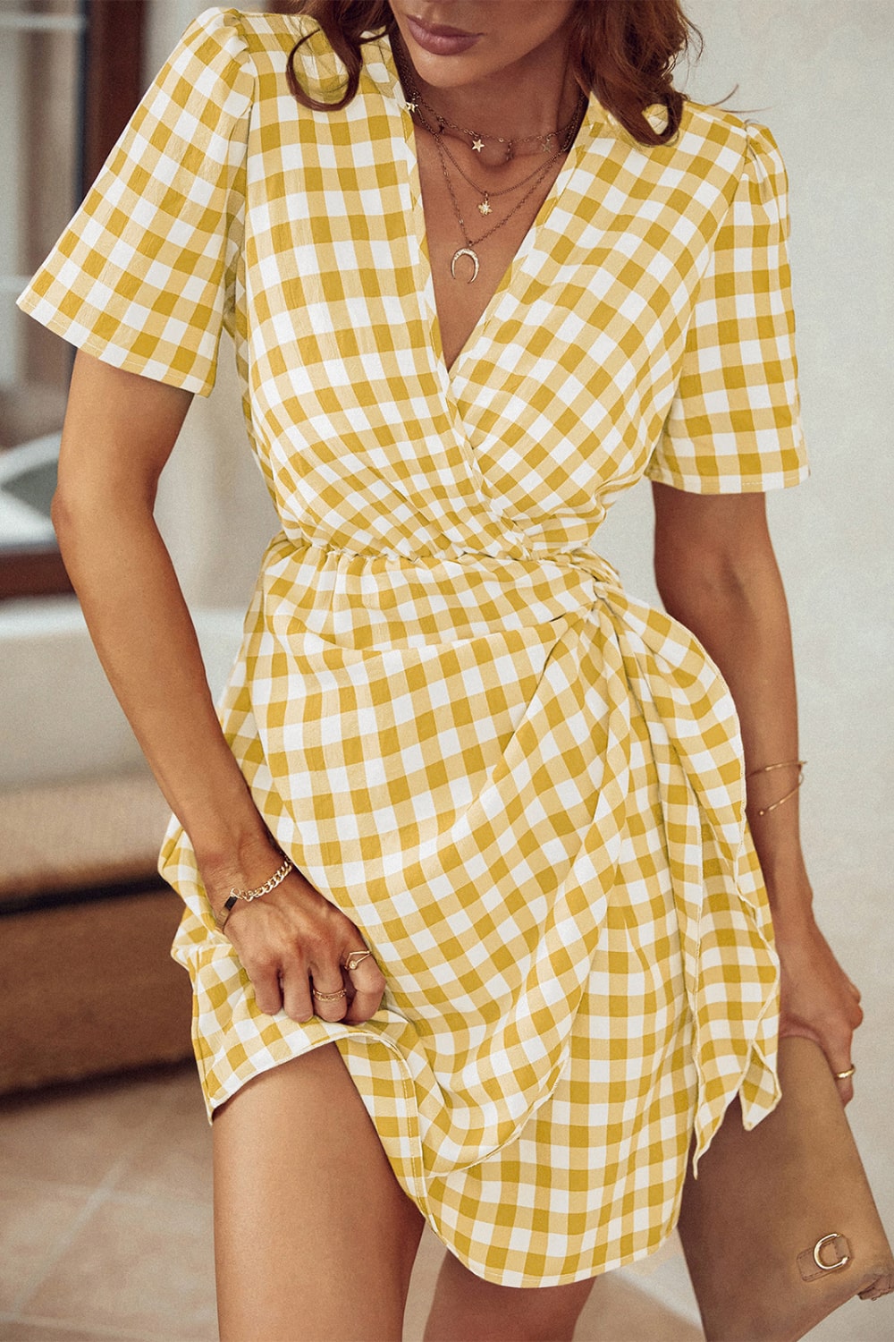 Gingham Bow Detail Surplice Dress