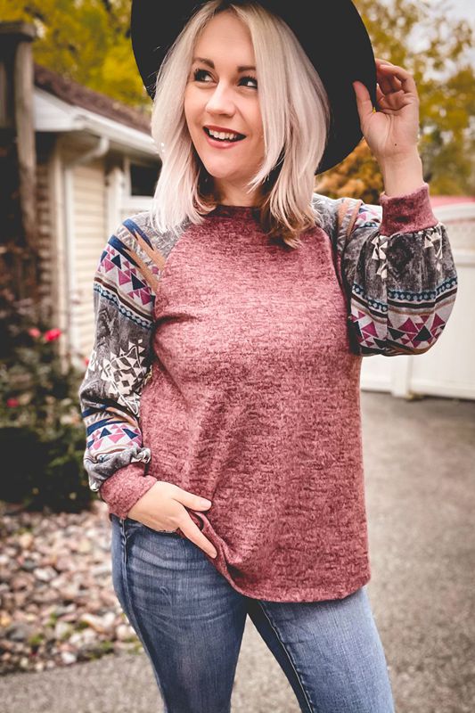 P & Rose Full Size Run Sweater Geometric Print Contrast Top