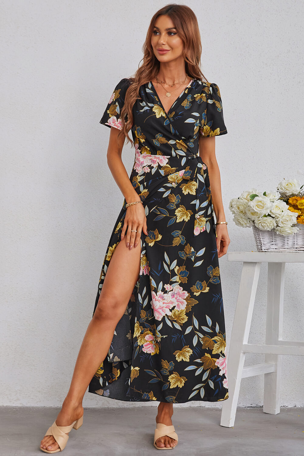 Floral Split Short Sleeve Maxi Dress