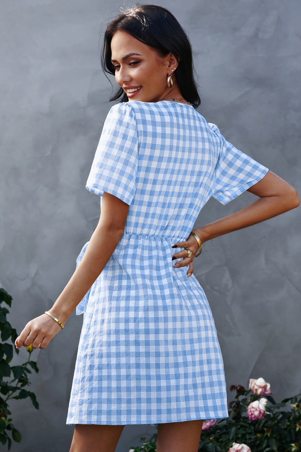 Gingham Bow Detail Surplice Dress