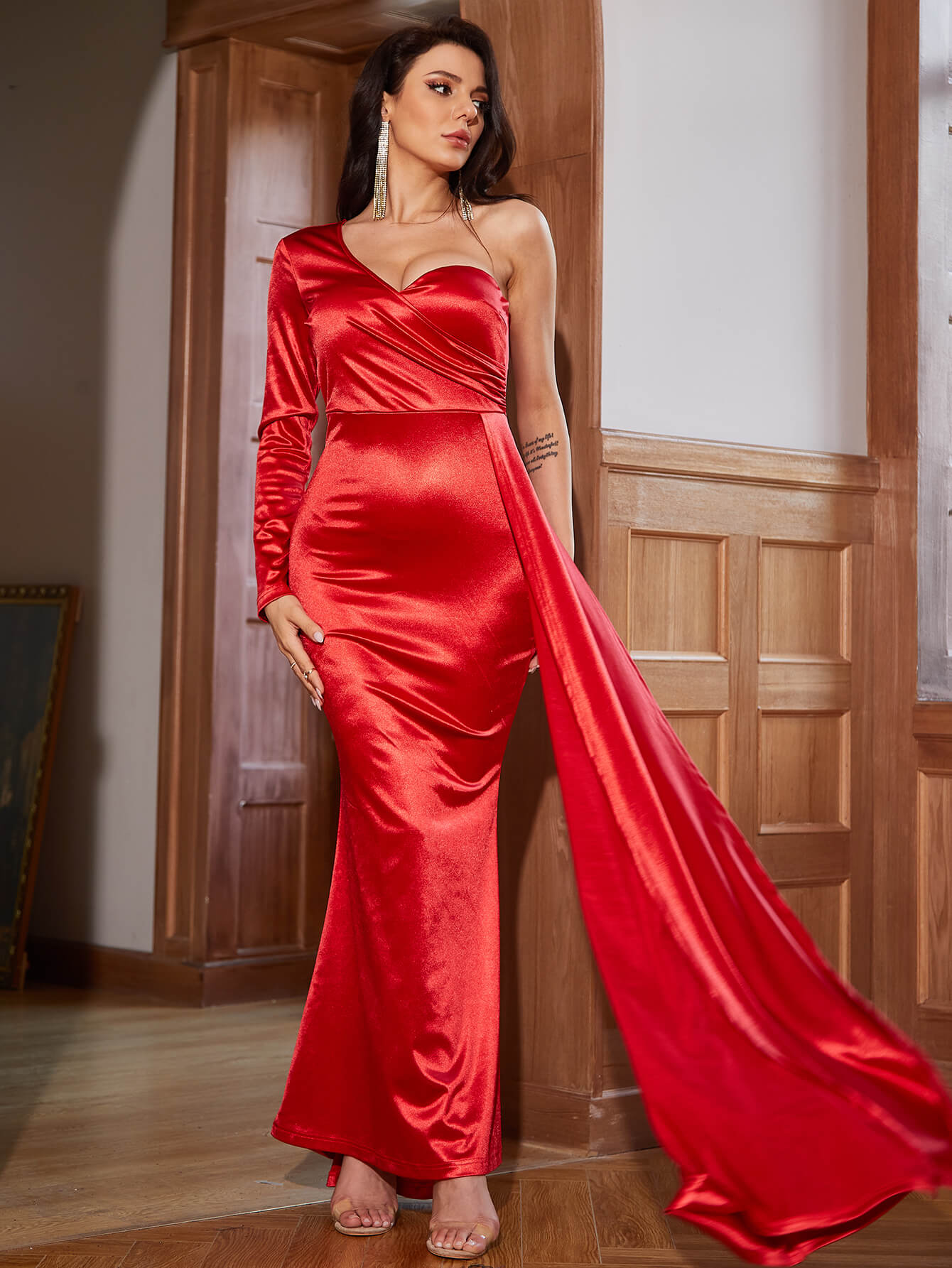 One-Shoulder Satin Fishtail Dress with Cascading Detail