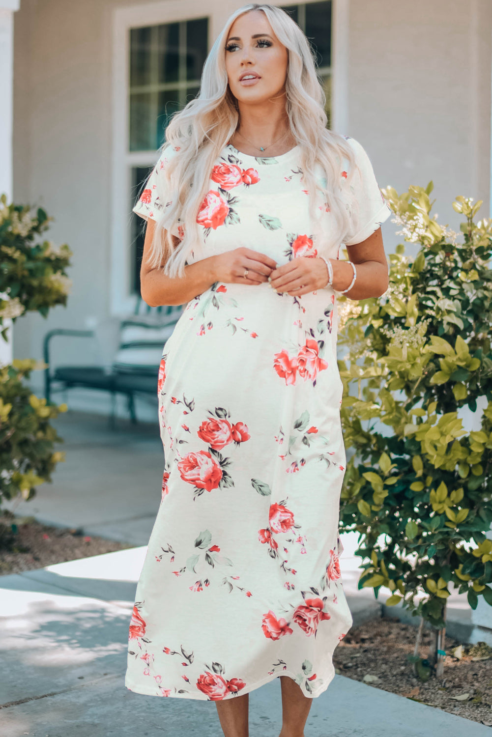 Floral Side Slit Cuffed Sleeve Maxi Dress
