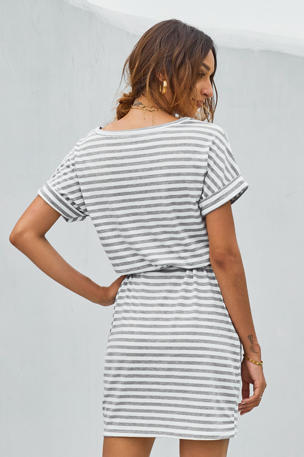 Stripes Pocketed T-shirt Dress with Belt