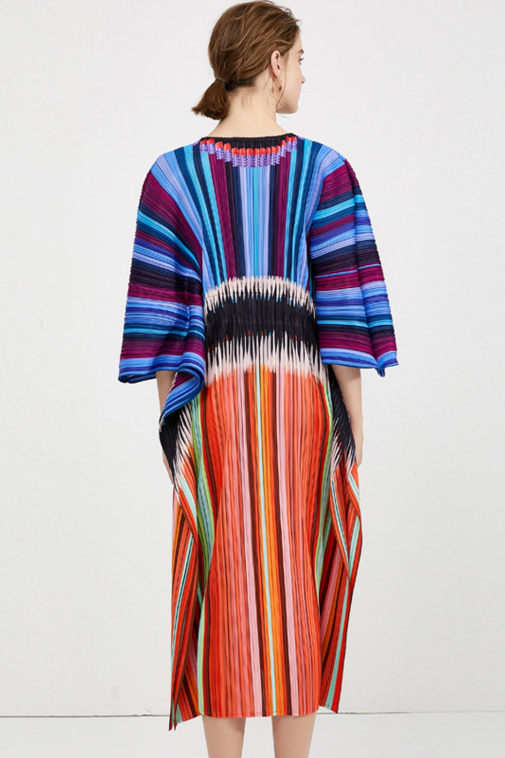 Mixed Stripes Accordion Pleated Dolman Sleeve Midi Dress