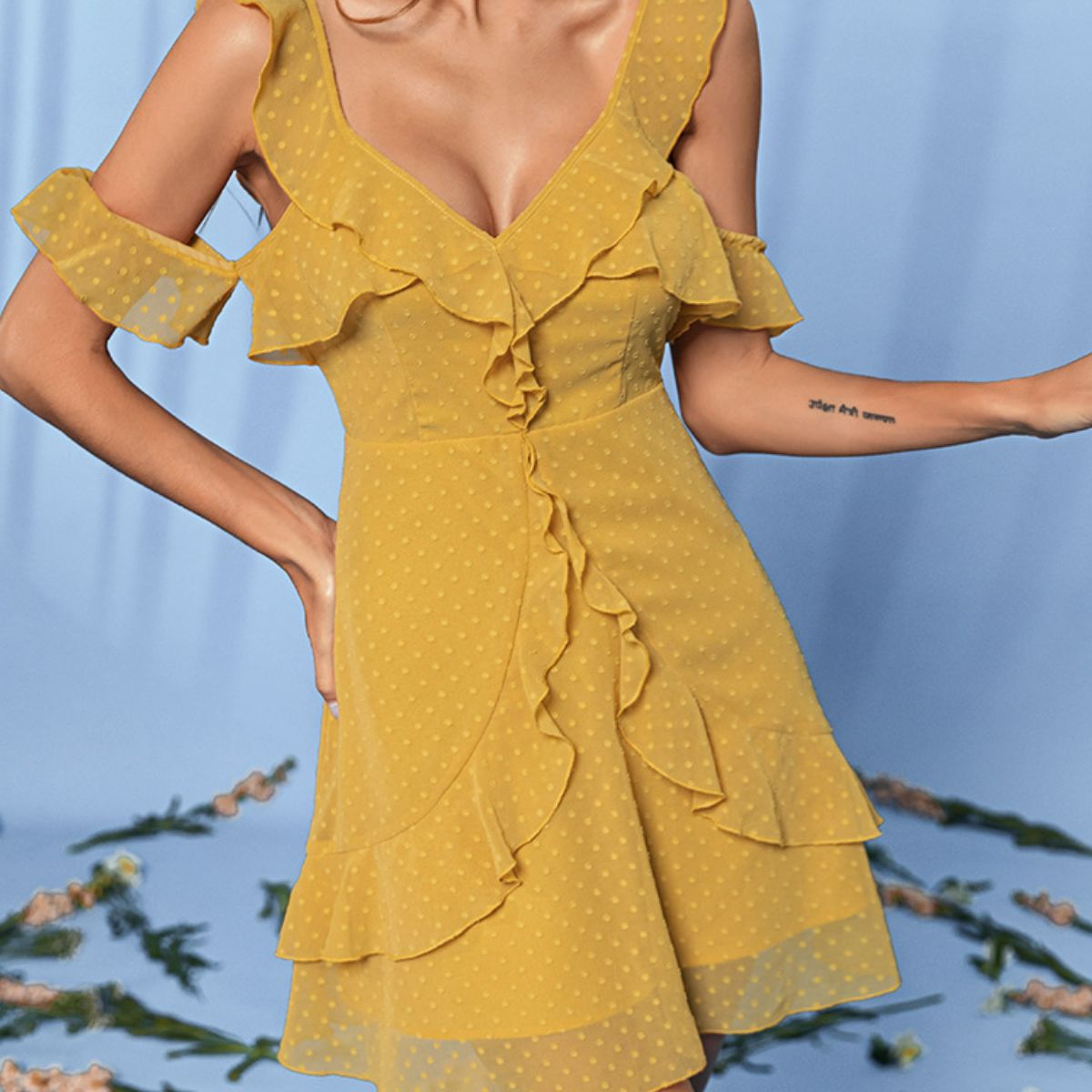 Polka Dot Ruffled Cold-Shoulder Mini Dress