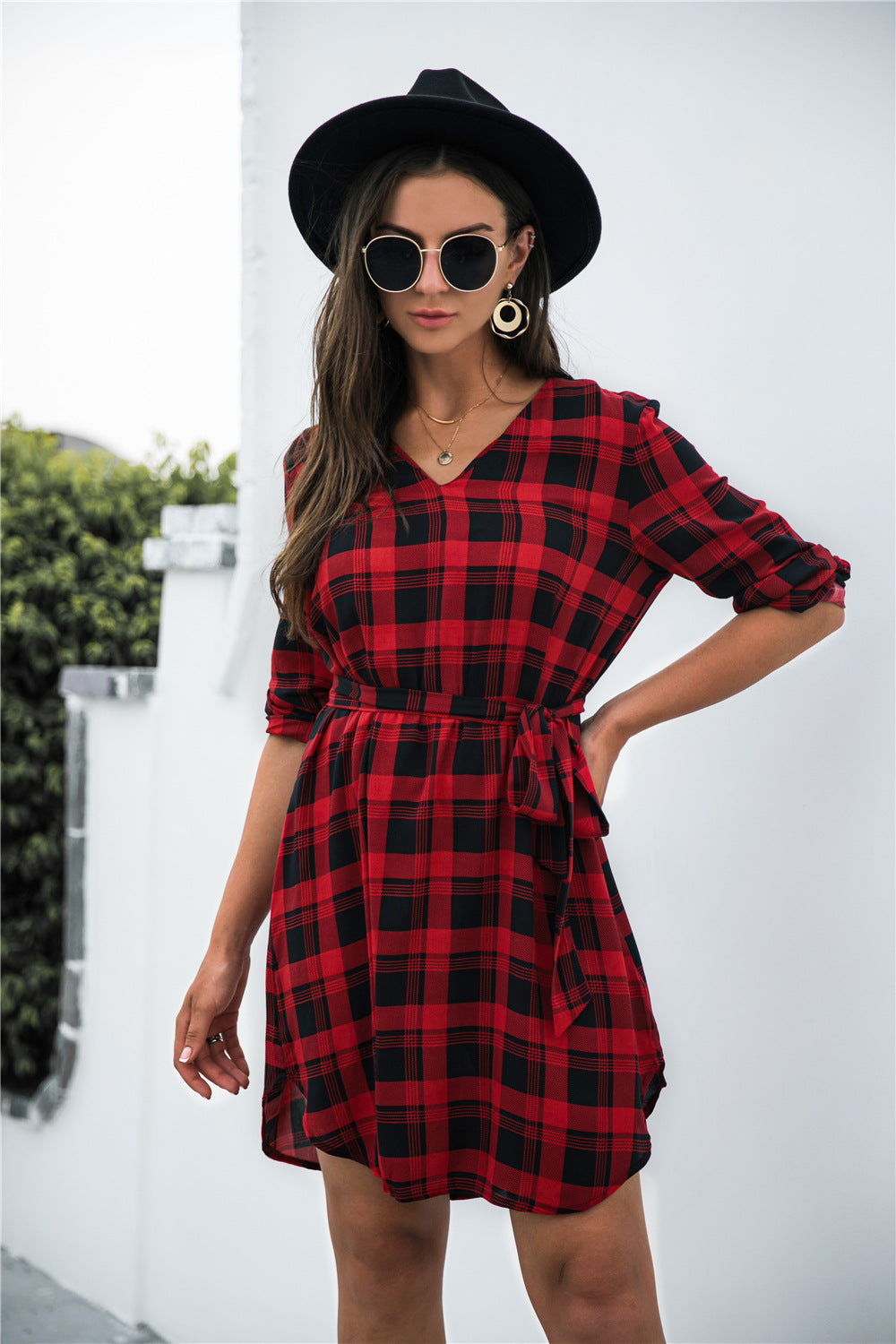 Gingham Tie Waist V Neck Dress