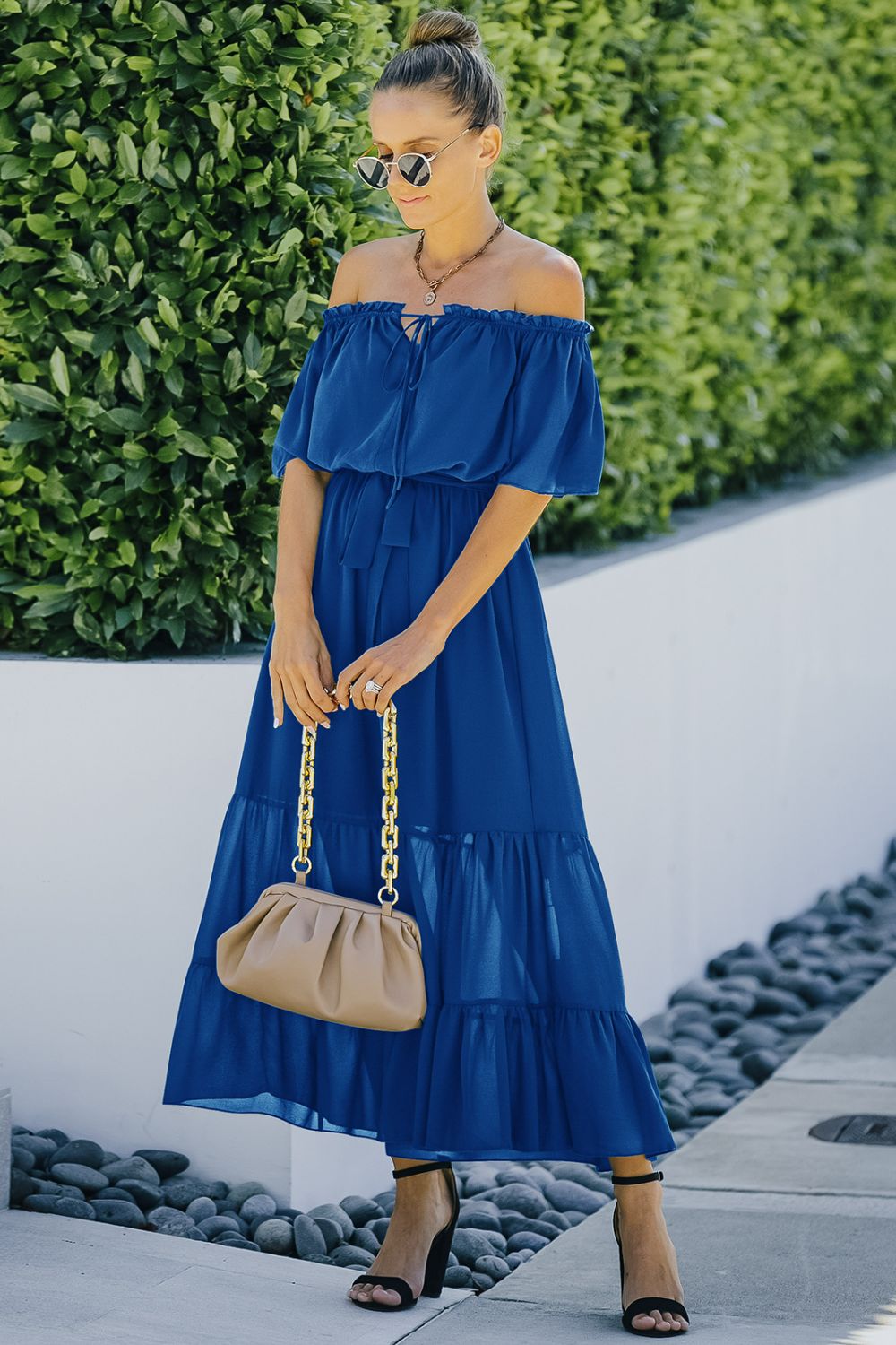 Tie Front Off-Shoulder Belted Tiered Maxi Dress