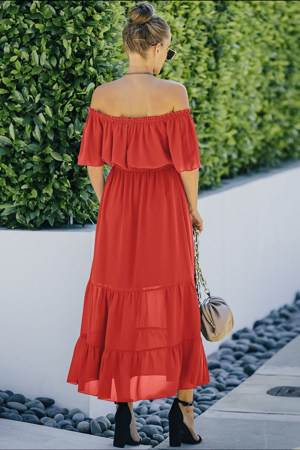 Tie Front Off-Shoulder Belted Tiered Maxi Dress