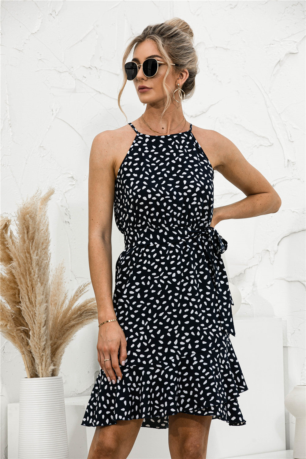 Polka Dot Halter Ruffle Hem Dress