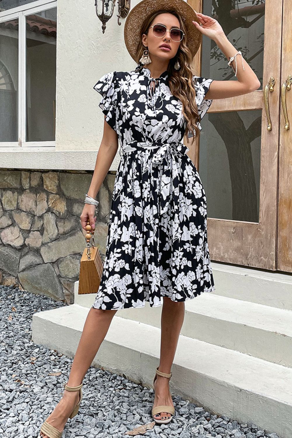 Floral Tie Neck Flutter Sleeve Dress