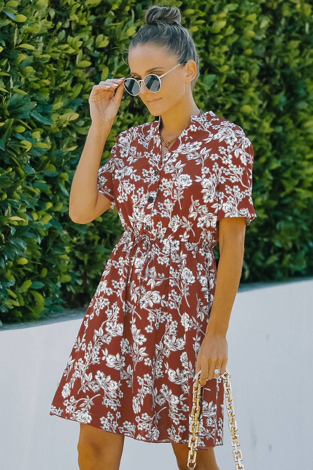 Floral V-Neck Short Sleeve Mini Dress