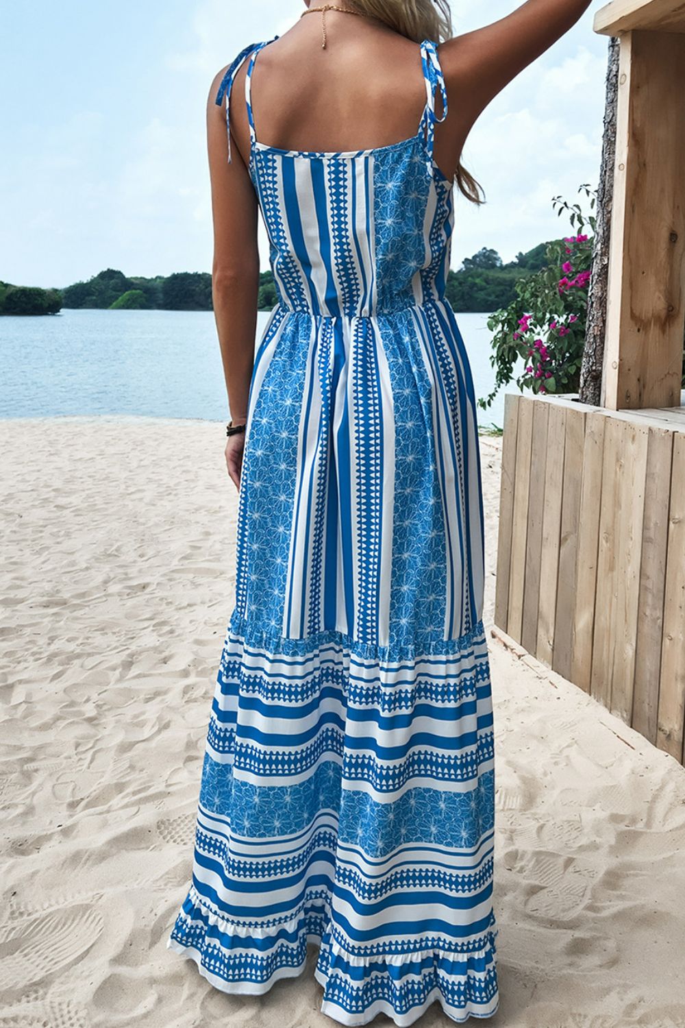 Mixed Print Tie-Shoulder Maxi Dress