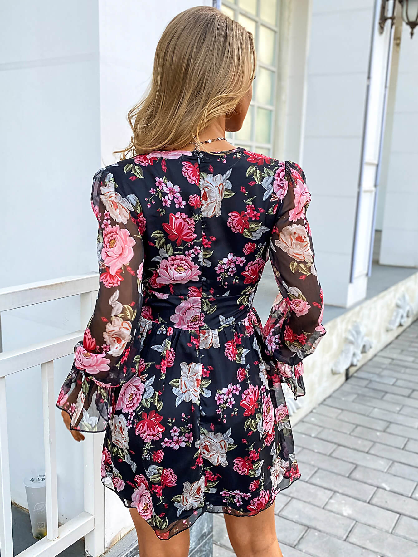 Floral Decorative Button Pleated Dress