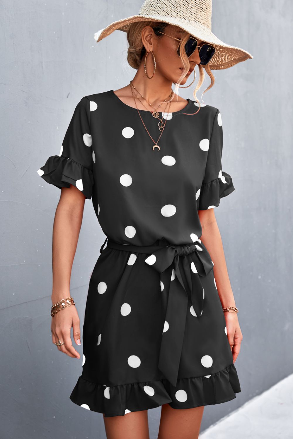 Large Scale Polka Dot Tie-Waist Ruffle Hem Dress