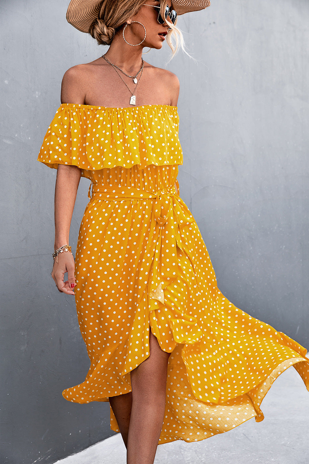 Polka Dot Layered Off-Shoulder Belted Dress