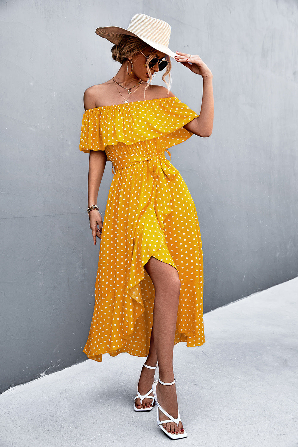 Polka Dot Layered Off-Shoulder Belted Dress