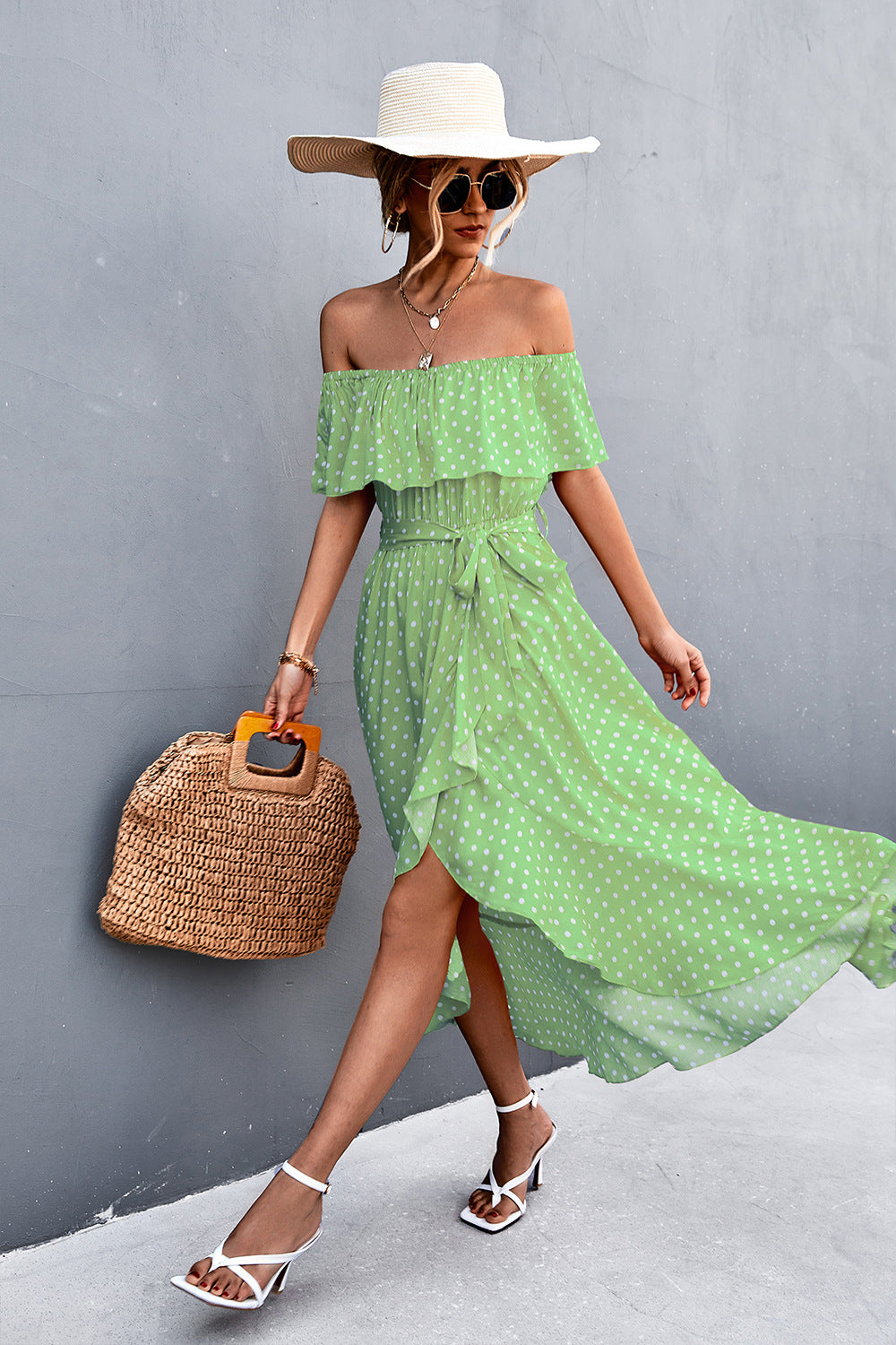 Polka Dot Layered Off-Shoulder Belted Dress