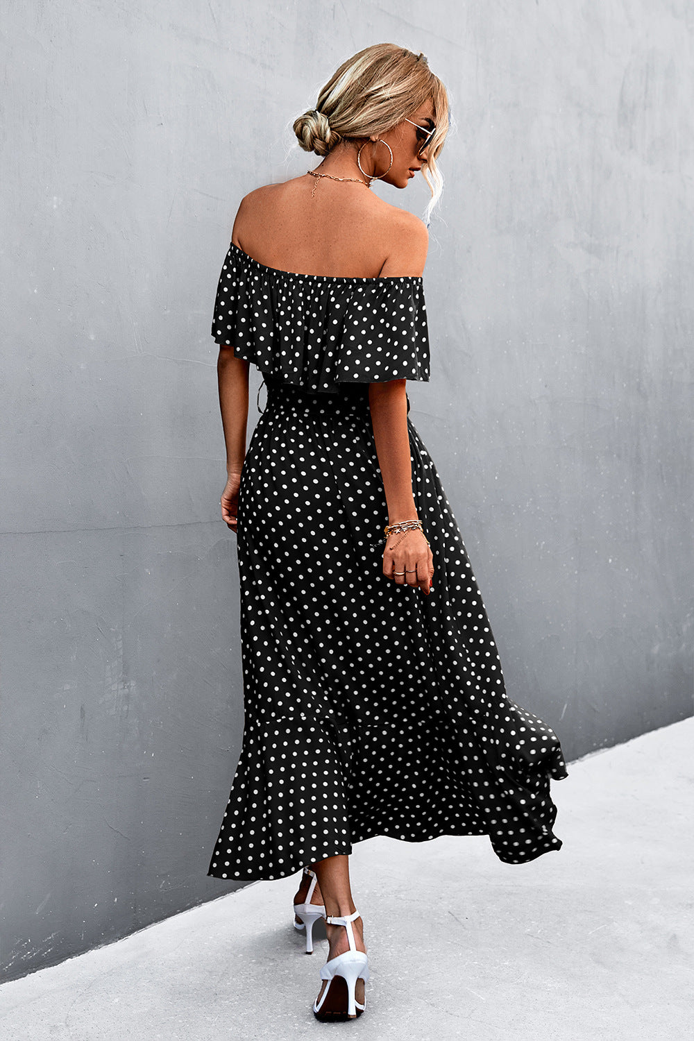 Polka Dot Layered Off-Shoulder Belted Dress