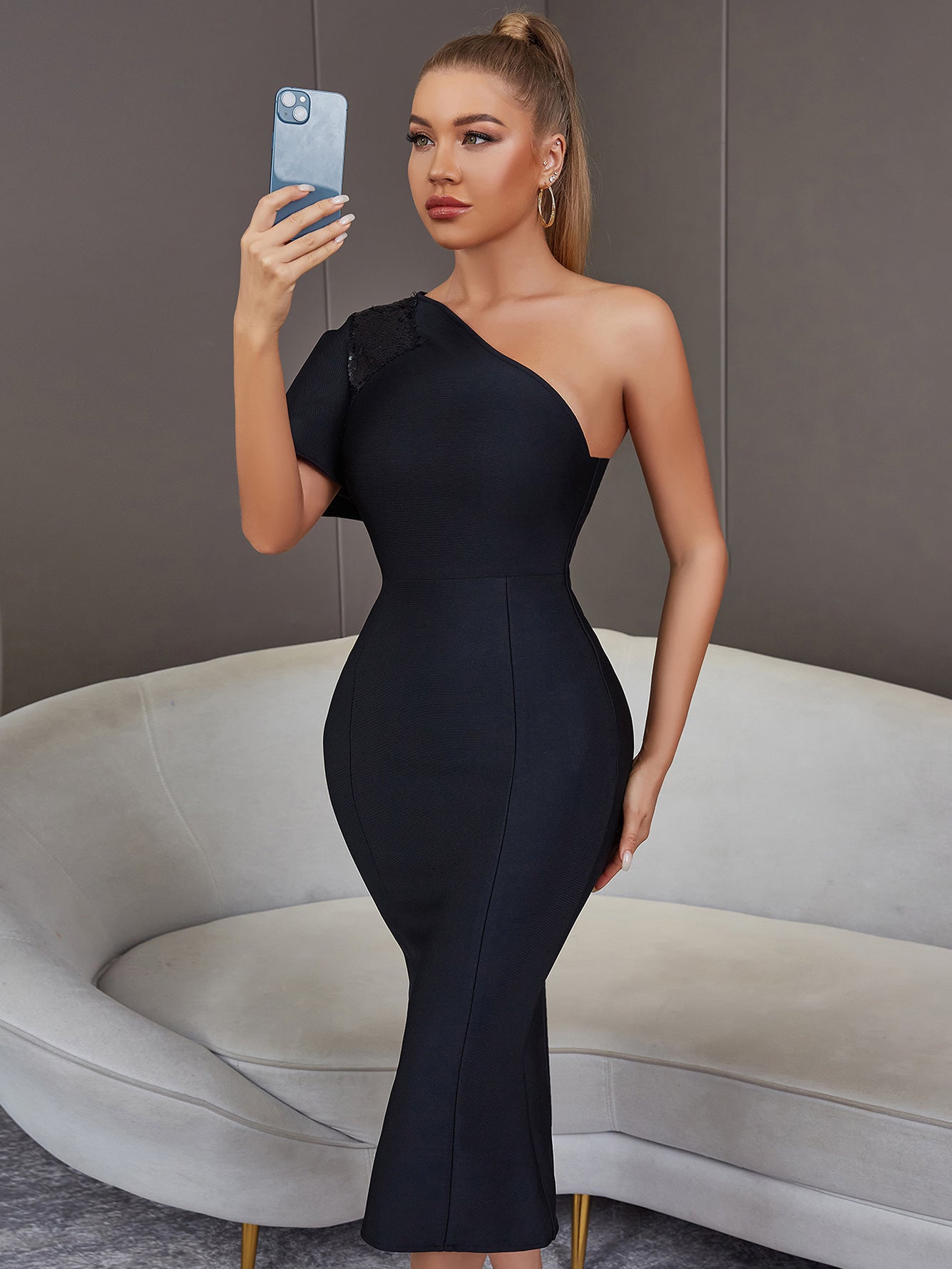 Sequin One-Shoulder Flutter Sleeve Bodycon Dress