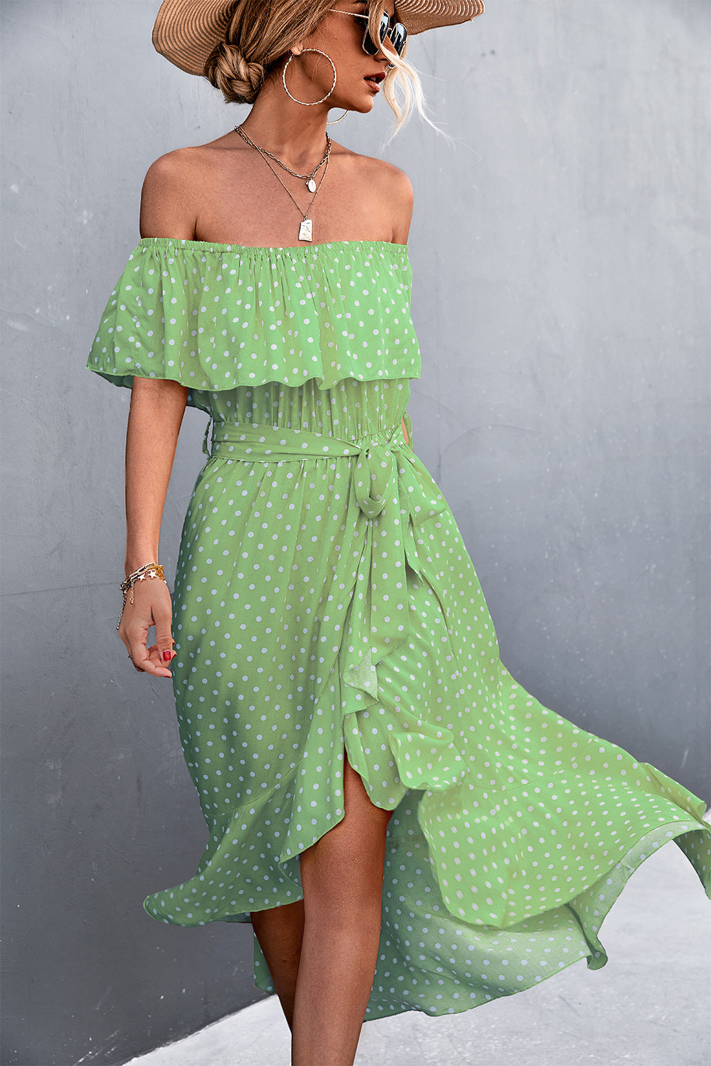 Polka Dot Layered Off-Shoulder Belted Dress